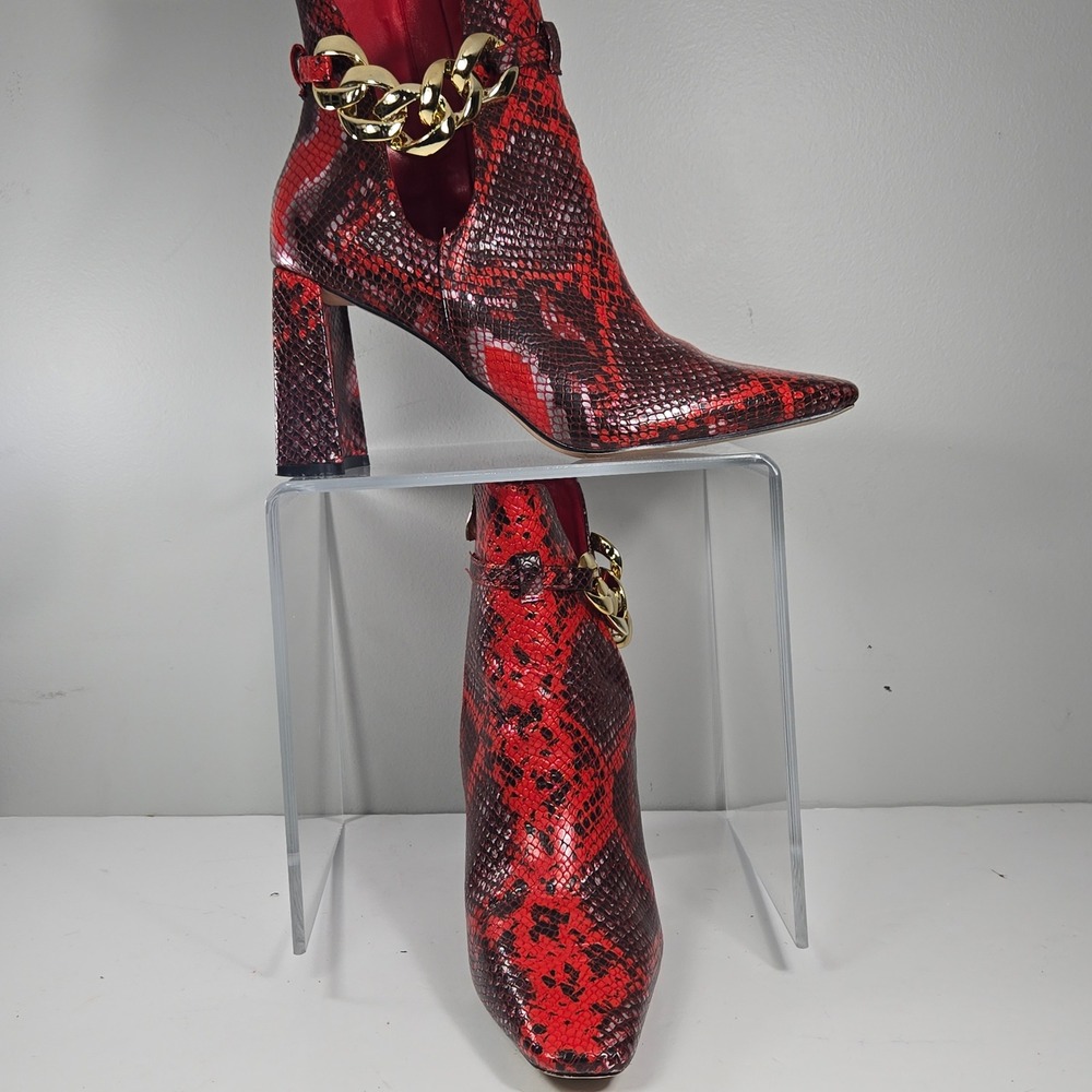 Ninety Union Rye Red Snakeskin Chain Ankle Boots Block Heel Pointed Toe Size 8B
